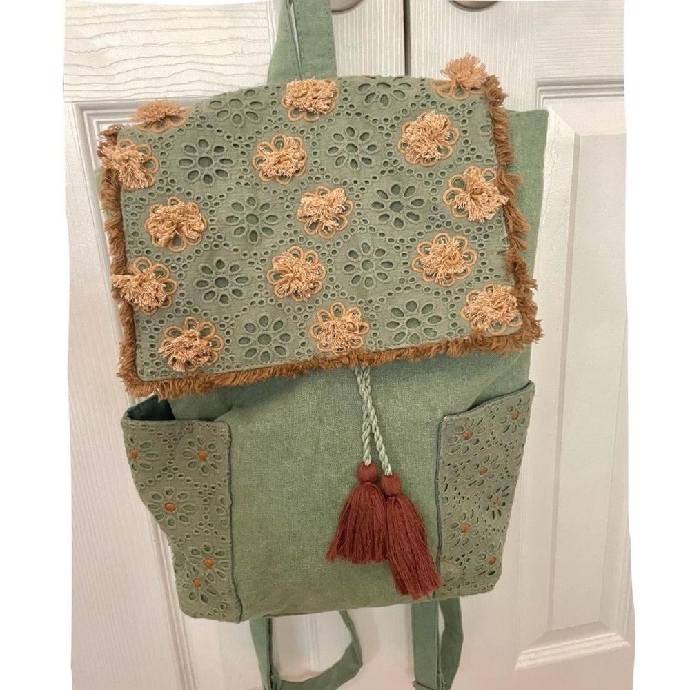 Bohemian Green Backpack with Floral Embroidery